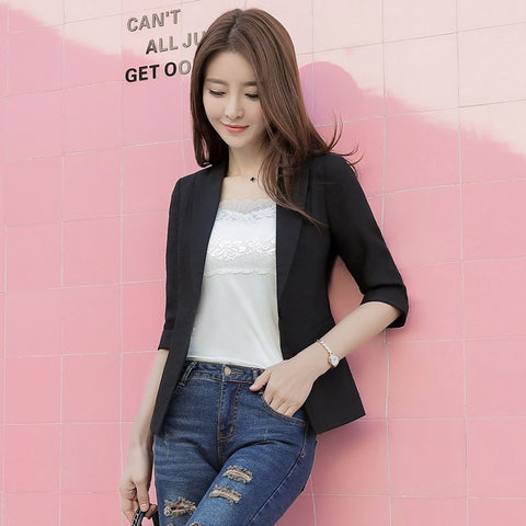 Spring Summer New Korean Suit Women 3 Quarter Sleeve Slim  Blazer Jacket Pocket