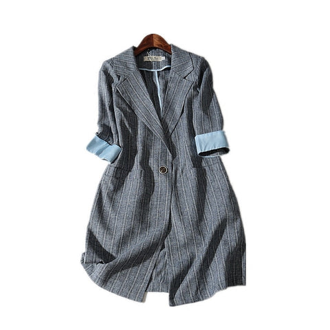 Spring Summer New Thin Slim Half Sleeve Plaid Casual Suit Jacket Women Long Blazer Linen Plus Size 3XL