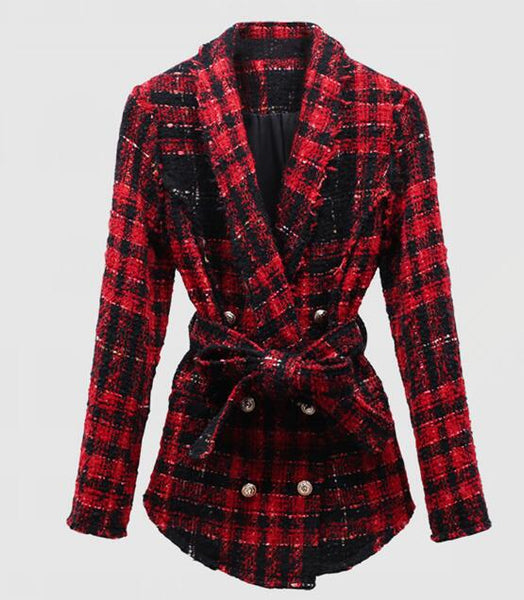 Spring Women  Good QualityRed/blcak Elegant Plaid blended Blazers Famale Shawl Collar Double Breasted With Belt Tweed Coat