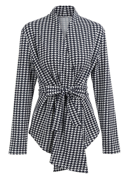 2022 Spring Women Houndstooth Plaid Cardigan Coat Long Sleeves Open Front Waist Strap Asymmetrical Casual Tops Outwear female