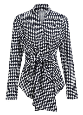 2022 Spring Women Houndstooth Plaid Cardigan Coat Long Sleeves Open Front Waist Strap Asymmetrical Casual Tops Outwear female