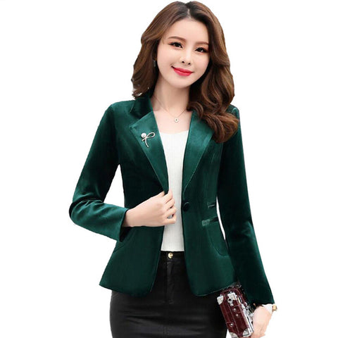 2022 Spring Women Velvet jacket  Formal Slim Velvet Blazer Long Sleeve Elegant Short Coat Red Green Blue Fashion Y1124