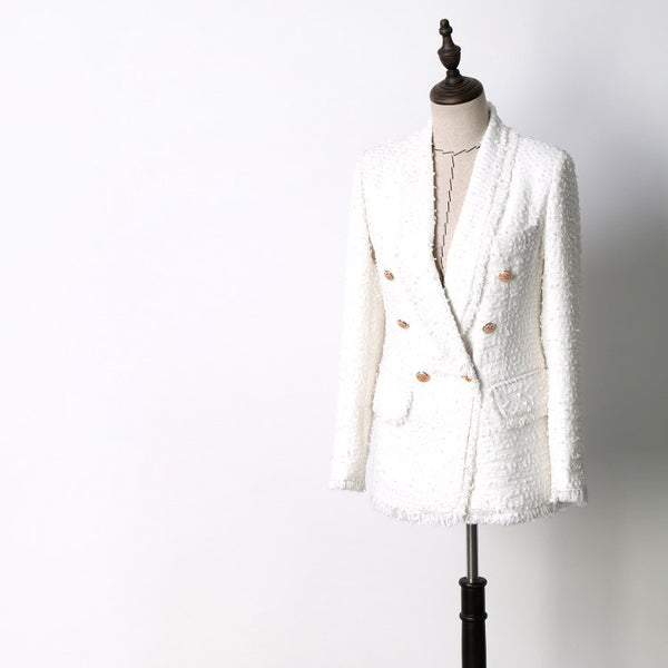 Spring autumn White Tweed Weave Woolen Blazer Feminino Women Office Lady Blazer Double Breasted Jacket Blaser Feminino