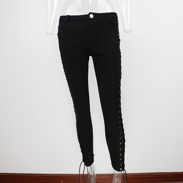 Spring lace up high waist jeans Women Street Elastic cotton mom skinny jeans sexy ripped white black denim pencil pants