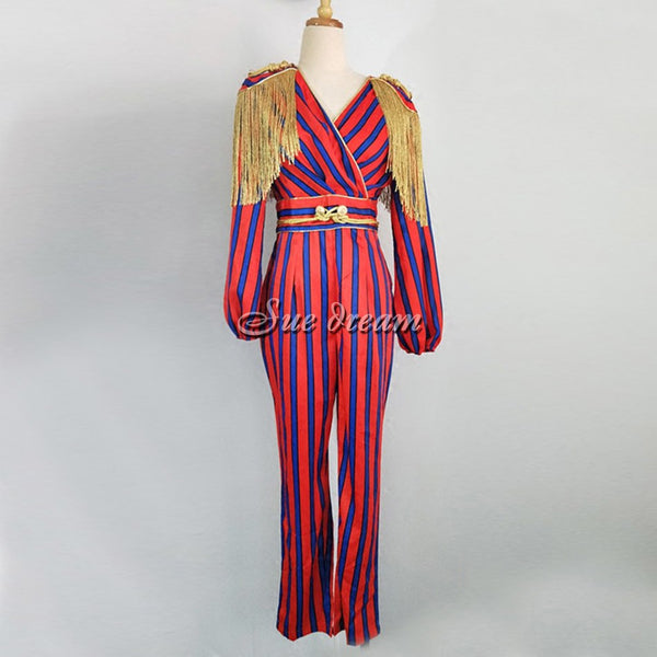 Spring new women long sleeves jumpsuit sexy regular striped tassel buttons celebrity party red jumpsuits wholesale vestido