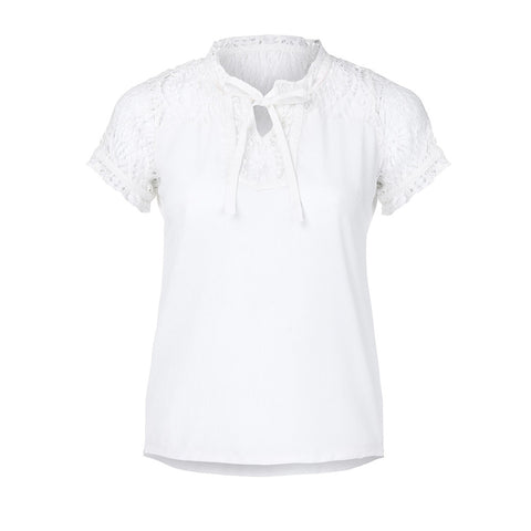 2022 Summer Autumn Women Sexy Deep-V Lace Patchwork Chiffon Bandage Short Sleeve Blouse Pullover lady Tops Shirt Blusa Feminina