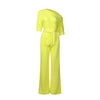 Summer Classic Women Solid Wide-leg Jumpsuit Spring One Shoudler Short Sleeve Long Playsuit Rompers With Belt Office Lady