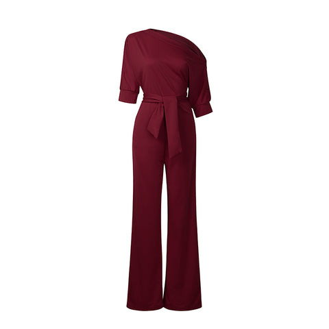 Summer Classic Women Solid Wide-leg Jumpsuit Spring One Shoudler Short Sleeve Long Playsuit Rompers With Belt Office Lady