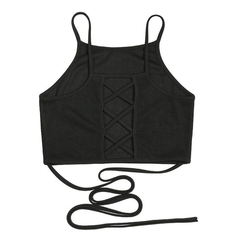 Summer Crop Tops Blusa Women Sleeveless Sexy Bandage T Shirt Top Fashion Black Lace Up Tank Top Tumblr Ladies
