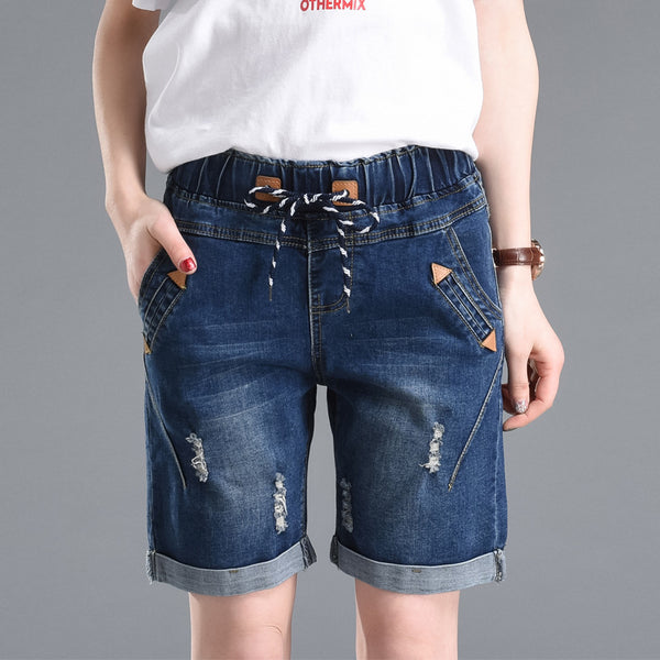 Summer Fashion Street Women's Drawstring Elastic Waist Short Jeans Plus Size Half Denim Cuffs Trousers Boyfriend Shorts