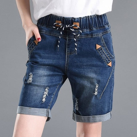 Summer Fashion Street Women's Drawstring Elastic Waist Short Jeans Plus Size Half Denim Cuffs Trousers Boyfriend Shorts