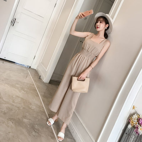 2022 Summer New Korean Style Sexy Sleeveless Long Pants Plaid Jumpsuit Elegant Slim High Waist Wide Strap Playsuit Female
