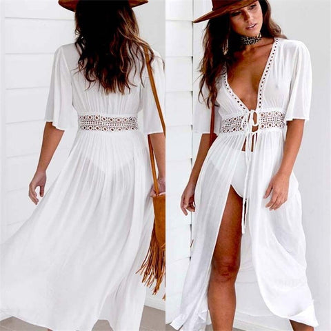 2022 Summer Plus Size Pareo Beach Cover Up Women Short Sleeve V Neck Dress Robe De Plage Beach Wear Swimwear Vestidos Cover Up