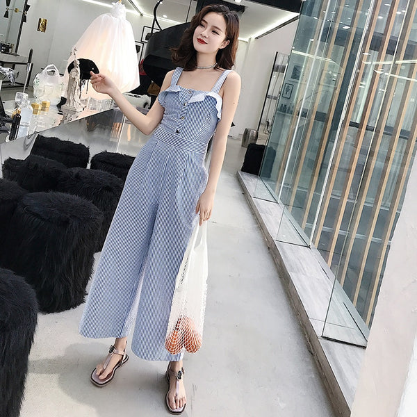 Summer Rompers Womens Sexy Spaghetti Strap Jumpsuit Fashion Blue and White Striped Ruffle Hem Backless Casual Jumpsuit Hot