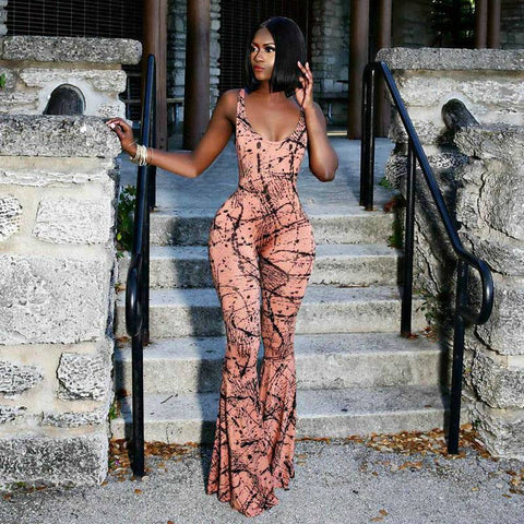 Summer Sexy Sleeveless Backless Slim Bodycon Playsuit Women Bodysuit Female Print Jumpsuit Long Pants Boot Cut Club Wear