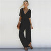 Summer Spring Woman Jumpsuit Wide Pant V-neck Loose Casual Fahion Shatter Jumpuit Slim Short Sleeve Black Lace Up