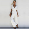 Summer Spring Woman Jumpsuit Wide Pant V-neck Loose Casual Fahion Shatter Jumpuit Slim Short Sleeve Black Lace Up