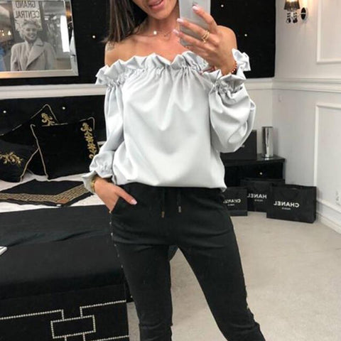 Summer Stringy Selvedge Slash Neck Stretch Long Sleeve Women Sexy Top Shirt Fashion Female Blouses WS8938W