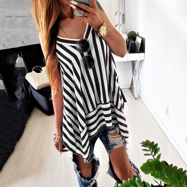 Summer Striped Blouse Shirt Women Sleeveless V Neck Casual Top Asymmetrical Hem Feminina Blusa WS9238W