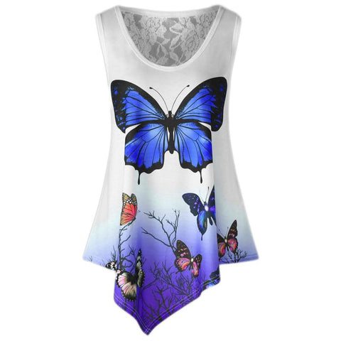 Summer Tank Top Womens Lace Asymmetrical Butterfly O Neck Tops Tunic Sleeveless Ladies Long Clothes Women haut femme