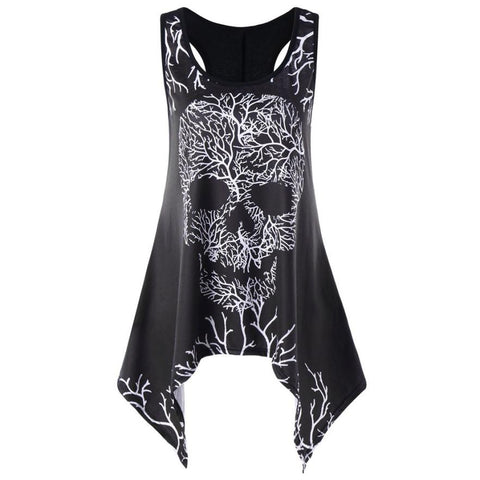 Summer Tank Top Womens Tunic Skull Print O Neck Tops Sleeveless Loose Casual Asymmetric Ladies Clothes Women haut femme