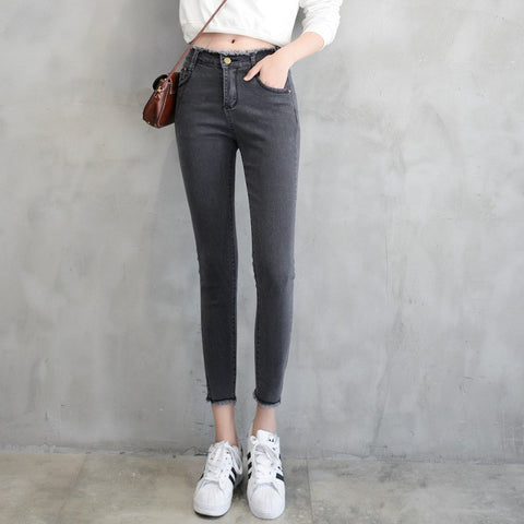 2022 Summer Women Ankle-Length Black Jeans Students High Waist Stretch Skinny Female Tassel Pencil Pants Denim Ladies Trousers