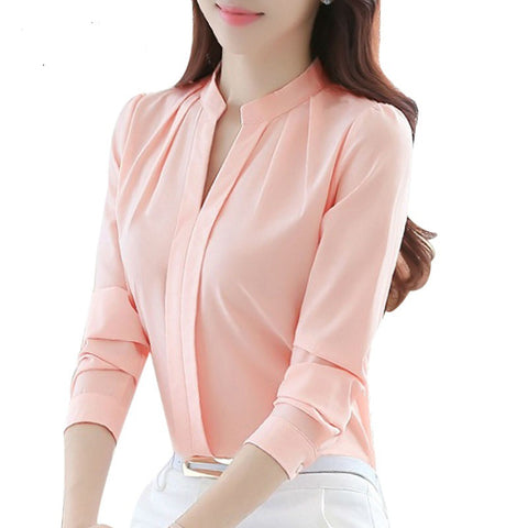 2022 Summer Women Chiffon Blouse Shirts Office Ladies White Elegant Sexy V-neck Blouse Long Sleeve Shirt Female Shirt Plus Size
