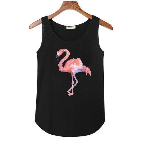 2022 Summer Women Flamingo Print Tank Tops Bamboo Cotton Elasticity Slim Sleeveless T shirt Tops Tees Ladies O-neck Crop Shirts