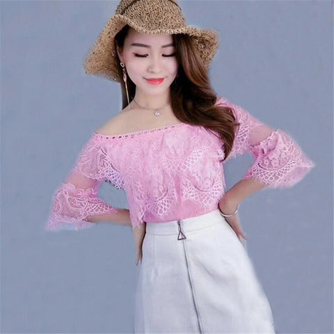 2023 Summer Women Hollow Out Mesh Shirt Sweet Floral Lace Blouse Ladies Half Sleeve Slash Neck Blouses Short Blusas Tops AB978