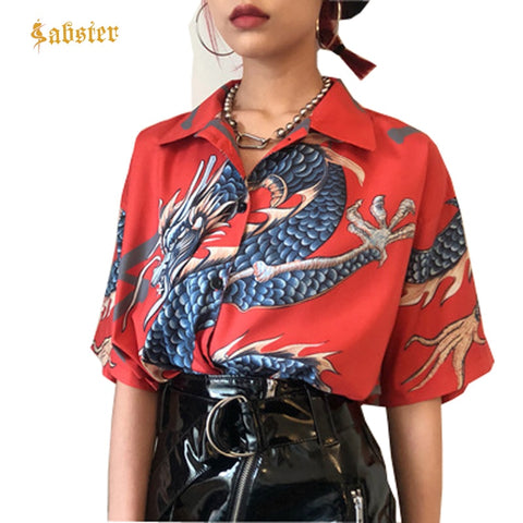 2023 Summer Women Tops Harajuku Blouse Women Dragon Print Short Sleeve Blouses Shirts Female Streetwear kz022
