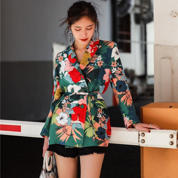 Summer Women's Blazers Floral Print Vintage Suit Jackets Tencel Linen Lace-up Waist  Fashion Coats Blazer Suit M18042604
