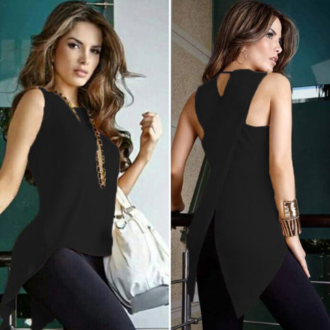 Summer Women's O-Neck Sleeveless Casual Tank Back Cross Cracked Hem Irregular Shirt Sexy Chiffon Tops and Blouses