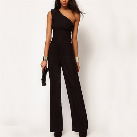 Summer Black Chiffon Women Long Rompers Jumpsuit Sexy One Shoulder Off Empire Club Party Playsuits Overalls Macacao