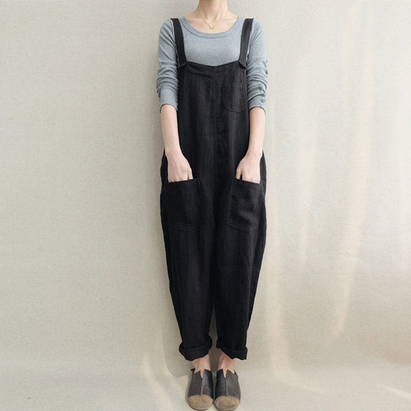 2022 Summer Women Rompers Strappy Pockets Cotton Linen Long Jumpsuits Casual Solid Dungarees Loose Bib Overalls Plus Size