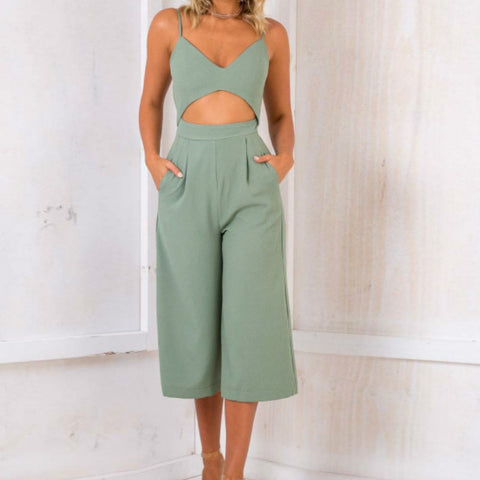 Summer Zipper Women Playsuits Sexy Backless Jumpsuit Spaghetti Strap Pockets Hollow Rompers Wide Leg Pants Plus Size GV769