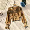 2023 Vintage Autumn Women Velvet Blouses Lady Puff Sleeve Shirt Spring Long Sleeve V-neck Blusas Ladies Basic Tops Pullovers 594