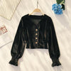 2023 Vintage Autumn Women Velvet Blouses Lady Puff Sleeve Shirt Spring Long Sleeve V-neck Blusas Ladies Basic Tops Pullovers 594