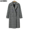 Winter Plaid Vintage Long Blazer Women Plus Size Double Breasted Blazer Adjustable Waist Full Sleeve Casual Femininas Coat