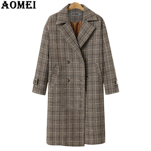 Winter Plaid Vintage Long Blazer Women Plus Size Double Breasted Blazer Adjustable Waist Full Sleeve Casual Femininas Coat