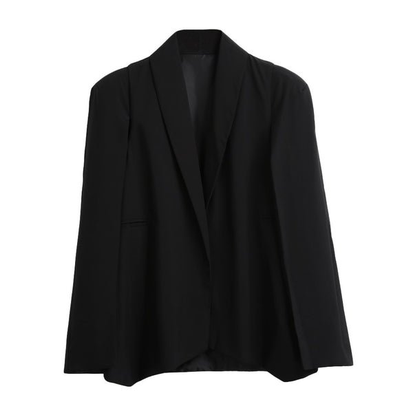Women Cape Blazer Jacket Lapel Split Pockets Casual Solid Cloak Coat Suit Elegant  Ladies Office Workwear Outerwear Black