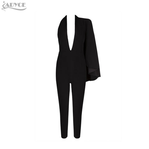 Women Celebrity Runway Jumpsuit Black Deep V-Neck Halter half Batwing Sleeve Rompers Woman Jumpsuit Sexy Bodycon Bodysuits