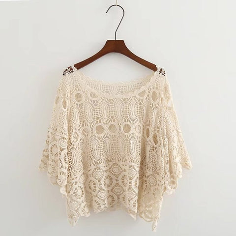 Women Cotton Blouses Hollow Out Sexy Women Lace Blouses Half Sleeve Boho Women Shirts White Khaki Summer Cover Up