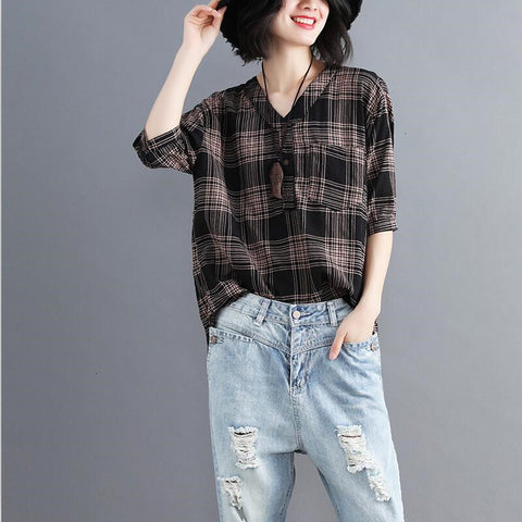Women Cotton and Linen Vintage Plaid Shirt Oversize Casual Loose ALL-Match Literary style Women Blouse V-Neck Slim Vestido