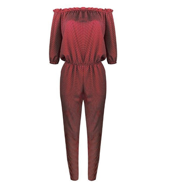 Women Fashion Red Wave Point Off The Shoulder Sexy Casual Jumpsuit Red Rompers For Women Spring Clothing Fashion