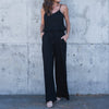 2022 Women Sleeveless Solid Long Playsuit Sexy O Neck Spaghetti Strap Waist Pocket Rompers Womens Jumpsuit Loose Overalls Black