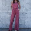 2022 Women Sleeveless Solid Long Playsuit Sexy O Neck Spaghetti Strap Waist Pocket Rompers Womens Jumpsuit Loose Overalls Black