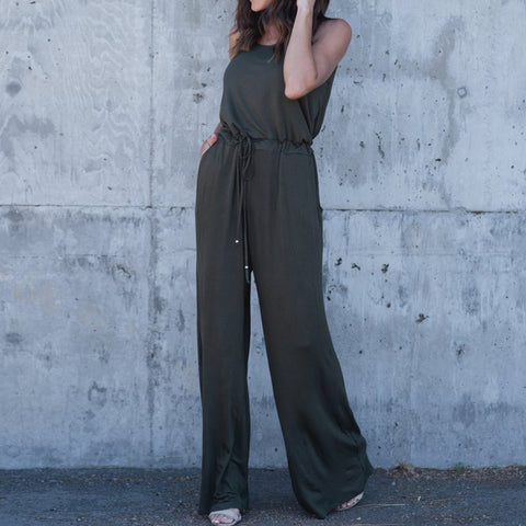 2022 Women Sleeveless Solid Long Playsuit Sexy O Neck Spaghetti Strap Waist Pocket Rompers Womens Jumpsuit Loose Overalls Black