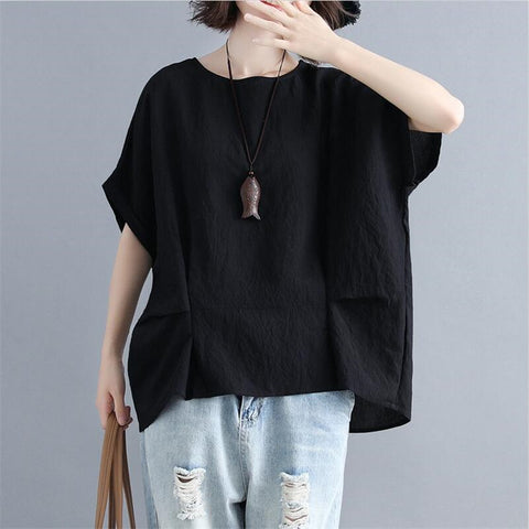 Women Solid Blouse Literary style Cotton And Linen Short Batwing Sleeves O-Neck Loose Shirt Office Lady Oversize Women Tops