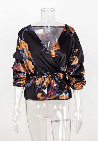 Women Summer Casual Blouse Ladies Sexy V neck half sleeve bandage shirts streetwear floral print Pullovers Chemise Femme