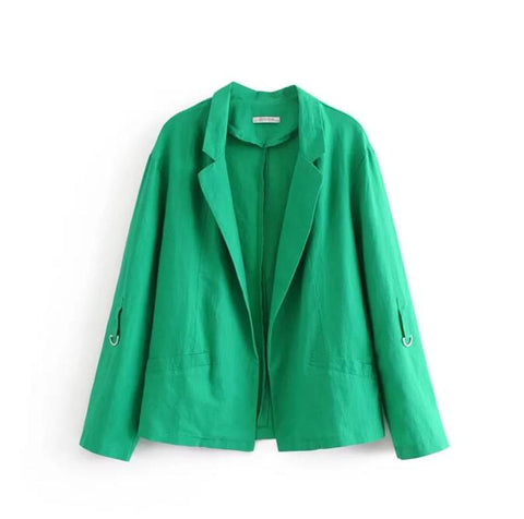 Women Summer Linen Blazer Can dy Colors Women Thin Blazer and Jackets Roll-up Sleeves Women Loose Coat